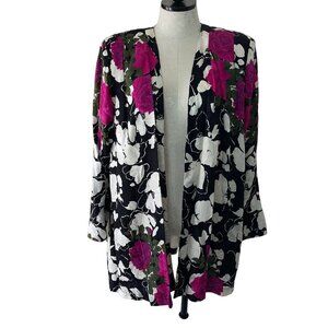 Black Floral Open-Front Blazer Jacket with Fuchsia Roses